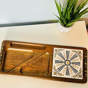 Mid-Century Wood Snack Tray with Ceramic Starburst 
Tile Japan